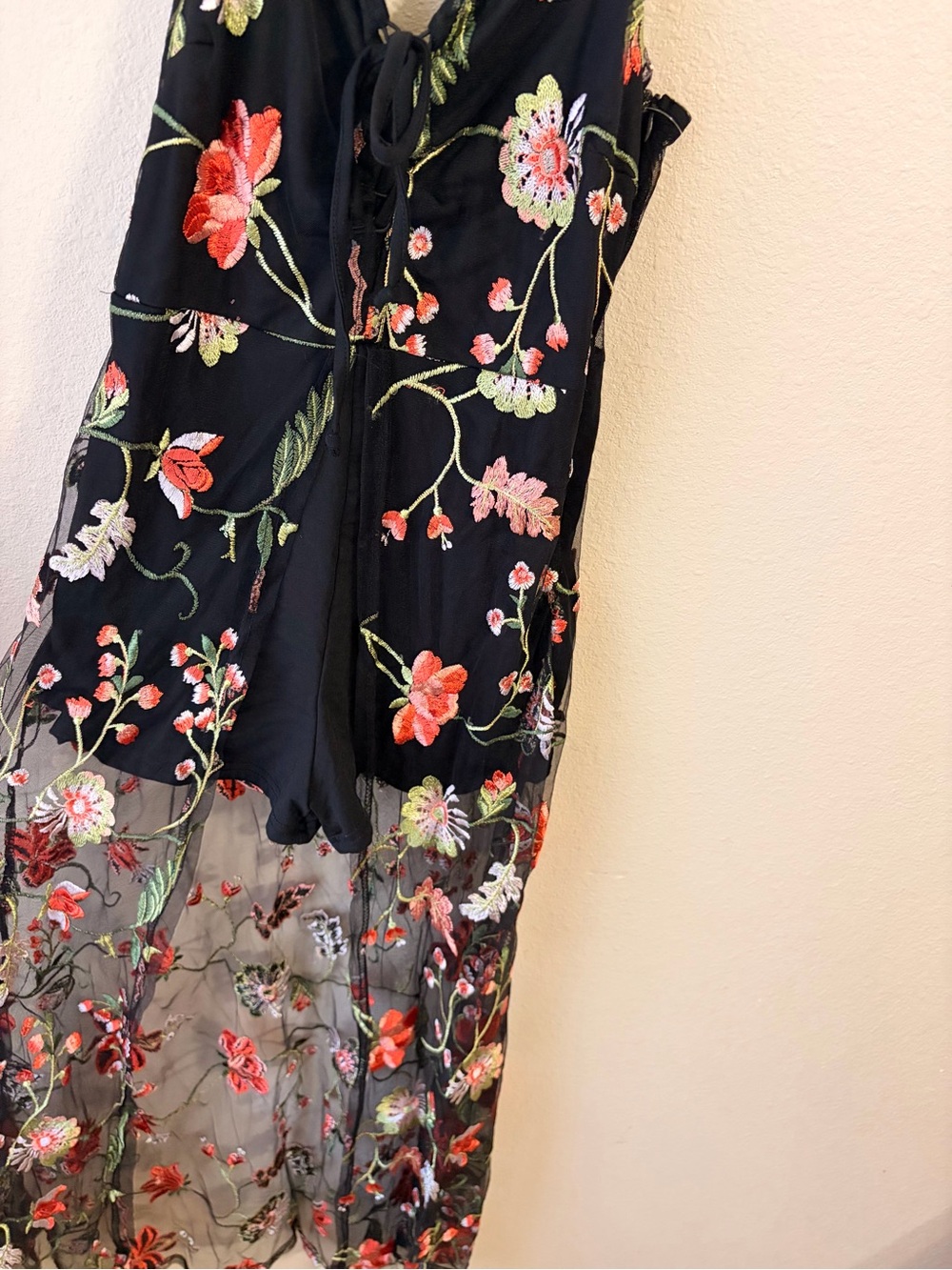 Black High-Low Floral Embroidered Dress with attached Shorts and Sheer Skirt